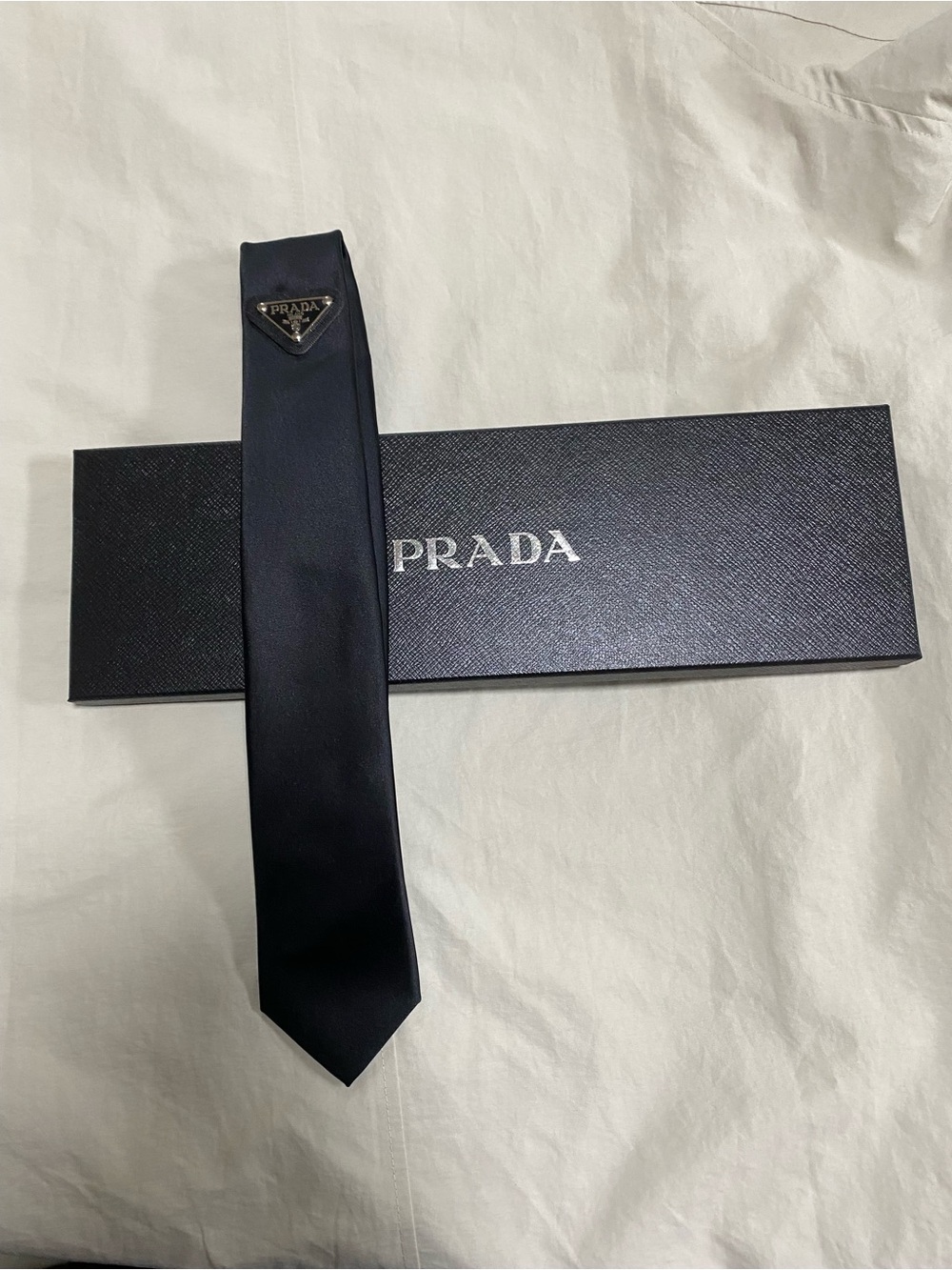 Prada Linea Rossa Black Silk Tie with Triangle Logo Plaque